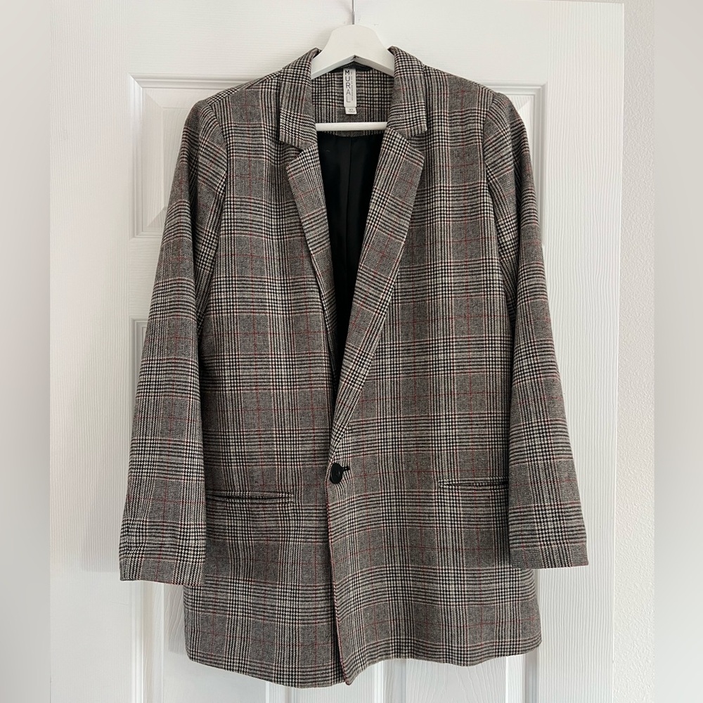 Mural Gray Plaid Blazer with Red Windowpane
